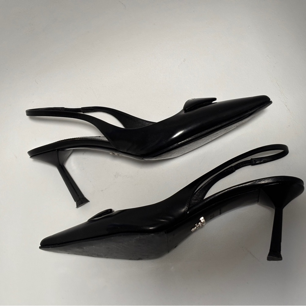 PRADA Pointy Black Pointed SlingBack With Logo Triangle Accent Size 37.5 - Picture 4 of 11